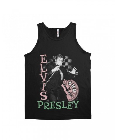 Elvis Presley Sun Records Unisex Tank Top | Pink Green Singing Checkered Design Sun Records Shirt $7.73 Shirts